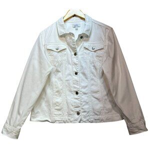 Croft & Barrow Womens Button Front Denim Jacket Long Sleeve Size L White Pockets